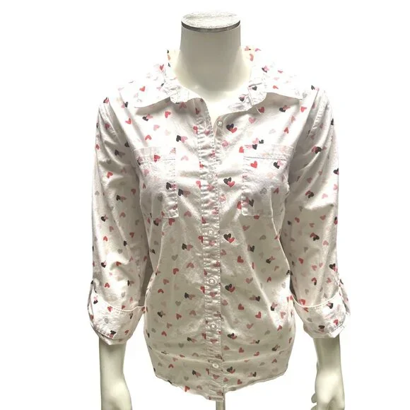 Christopher & Banks Petite Medium White Button Up Shirt Pink Red Heart Print Top - Picture 2 of 10